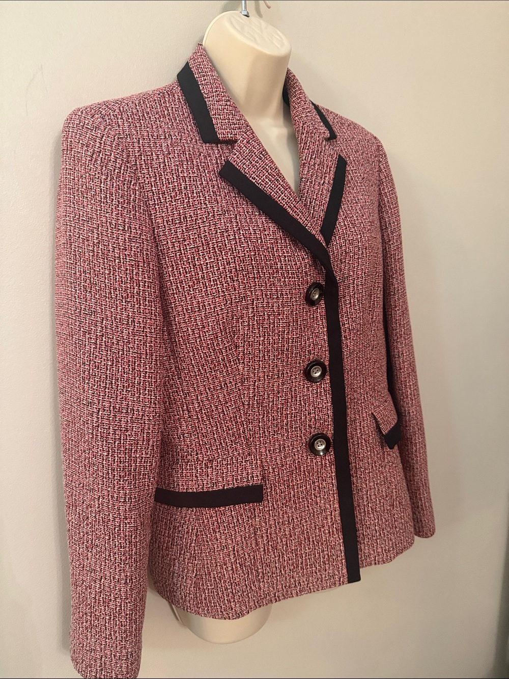 Evan Picone Pink Chic Business Tweed Blazer with Black Trim Size 12 - Large